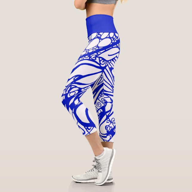 Doodle 1E Bleu Blanc 1 Leggings Capri (Gauche)