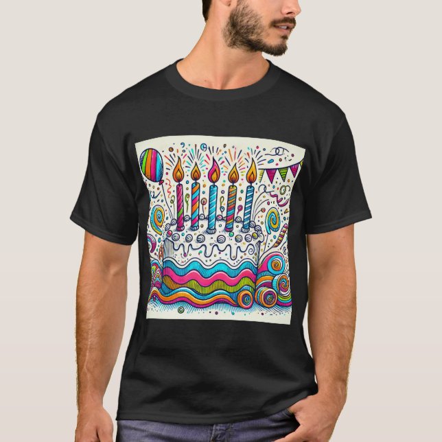 Doodle coloré Anniversaire Cake Design Mens tshirt (Devant)