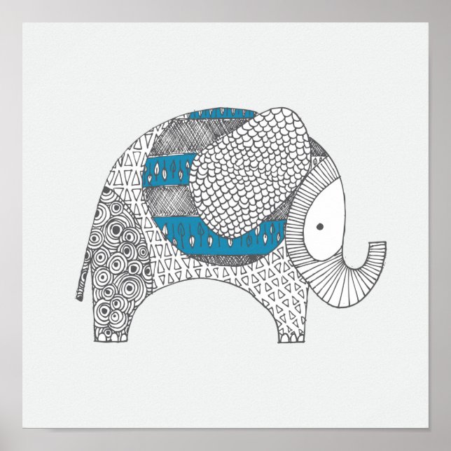 Doodle Éléphant. Décoration de nurserie. (Devant)