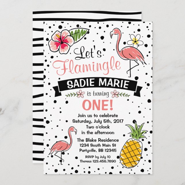 Doodle Flamant rose et Pinpomme Invitation Anniver (Devant / Derrière)