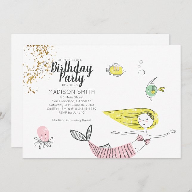 Doodle Mermaid Faux Gold Invitation d'anniversaire (Devant / Derrière)