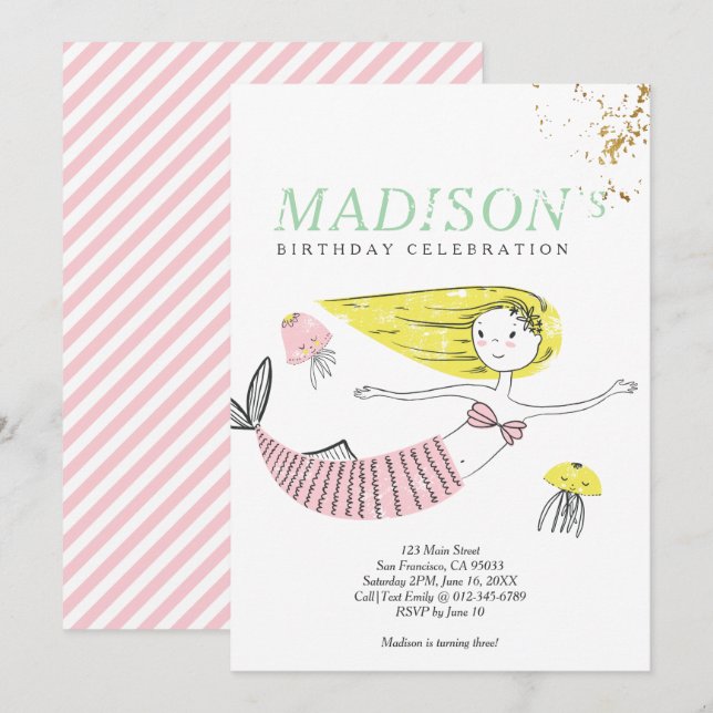Doodle Mermaid Faux Gold Invitation d'anniversaire (Devant / Derrière)