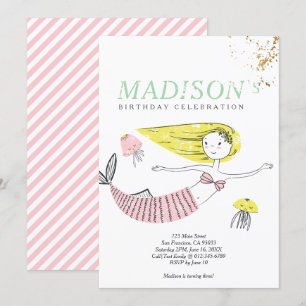 Doodle Mermaid Faux Gold Invitation d'anniversaire