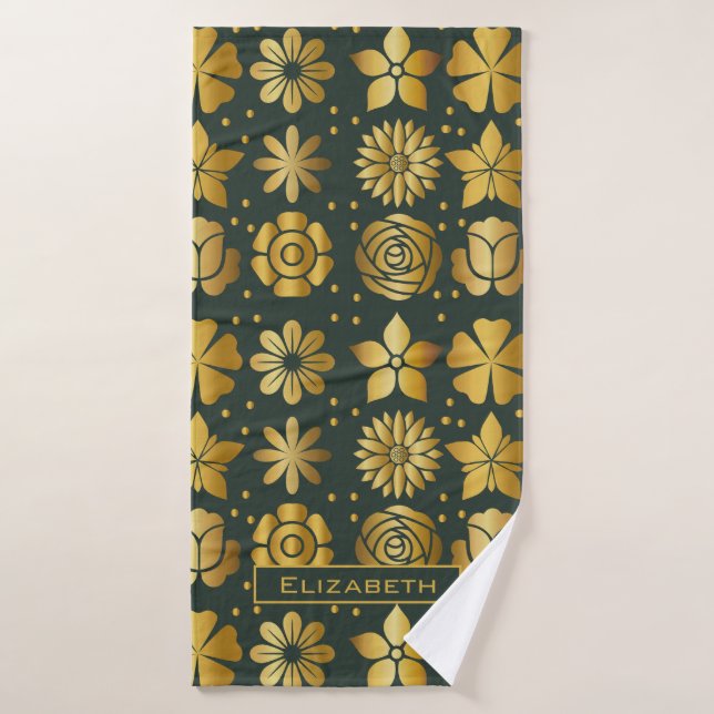 Doodle motif floral doré nom personnalisé (Serviette de bain)