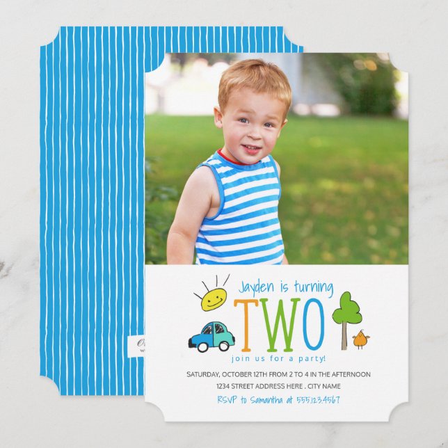 Doodles colorés 2e anniversaire Invitation de fête (Devant / Derrière)