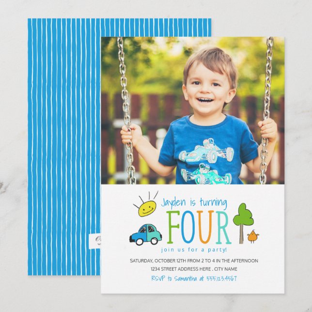 Doodles colorés 4e anniversaire Invitation de fête (Devant / Derrière)