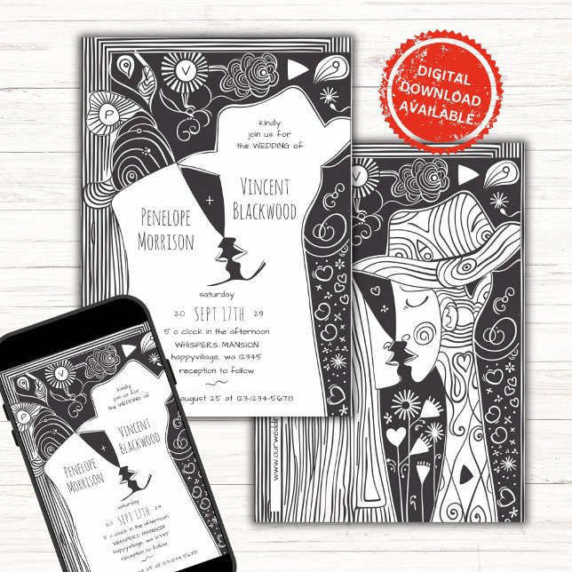 Doodline Art Couple Faire-part de mariage (Créateur téléchargé)