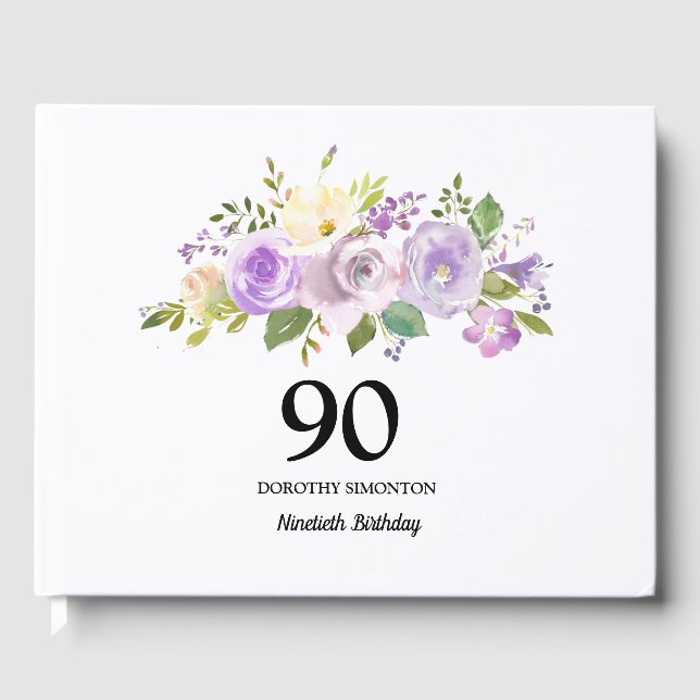 D'or 90e Anniversaire Fête Purple Floral Livre d'invité (Recto)