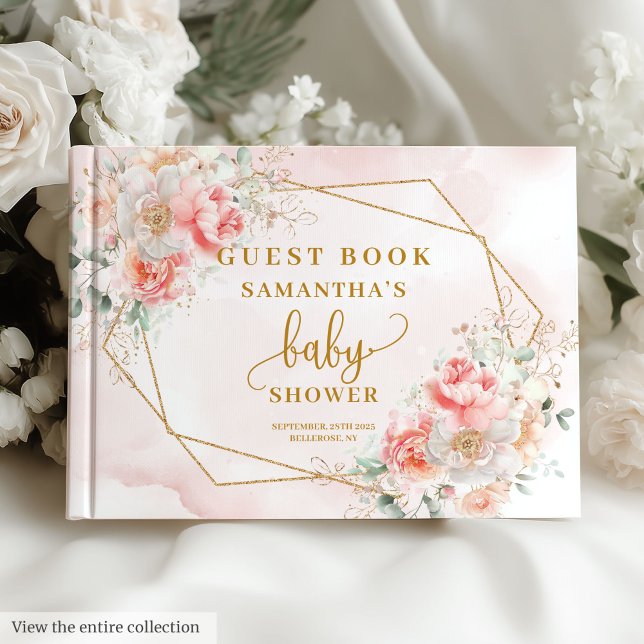 D'or Aquarelle rose pâle pivoine rose sauge or livre d' (Powder pink gold peonies girl baby shower guest book

)
