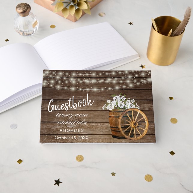D'or Baril rustique en bois avec fleurs blanches livre  (Recto ouvert)