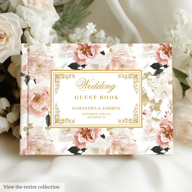 D'or Beau bouho rose or fleuri mariage livre d'hôtes (Beautiful boho rose gold floral wedding guest book)