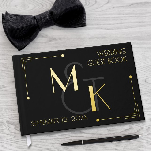 D'or Black Gold Foil 1920 Gatsby Mariage livre d'hôtes (Art deco inspired real foil wedding guest book. Just add your initials and wedding date)