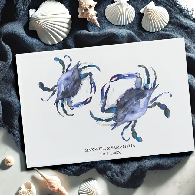D'or Blue Watercolor Beach Mariage Livre d'invités (beach wedding guest book watercolor crabs by Victoria Grigaliunas Do Tell A Belle)
