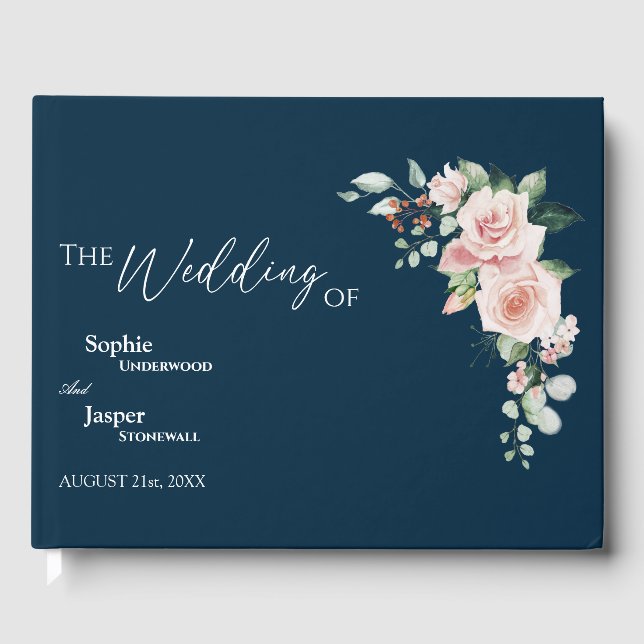 D'or Blush Floral Navy Mariage Livre d'invité (Recto)