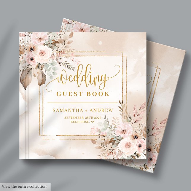 D'or Blush Gold Floral Frame Mariage livre d'hôtes (Blush Ivory Gold Floral Frame Wedding Guest Book)