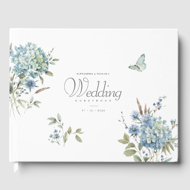 D'or Bohème Bleu Floral Aquarelle Mariage Livre d'hôtes (Recto)