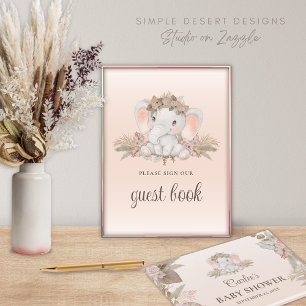 D'or Boho Floral Elephant Baby shower Livre d'Invité