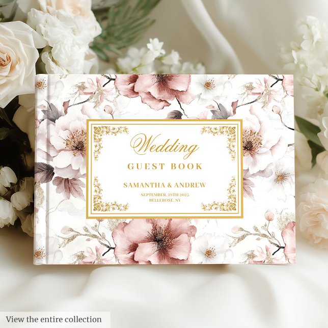D'or Boho romantique dusté or rose mariage livre d'hôte (Romantic boho dusty pink gold wedding guest book)