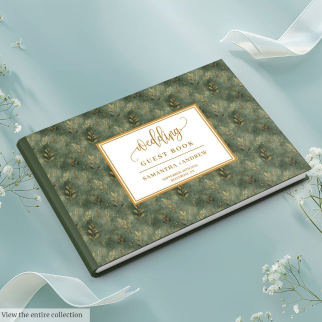 D'or Boho sauge vert or feuille livre d'invité mariage (Boho sage green gold leaves wedding guest book)