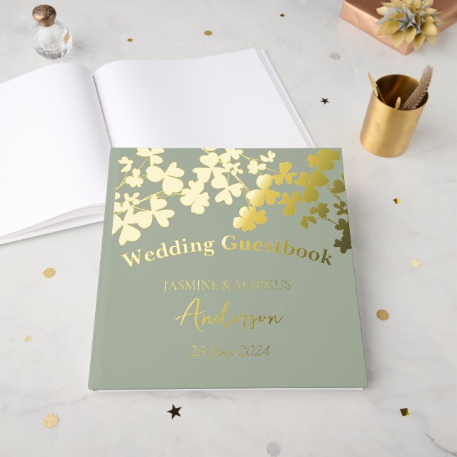 D'or Bouquet Feuille de trèfle Mariage livre d'hôtes (Recto ouvert)