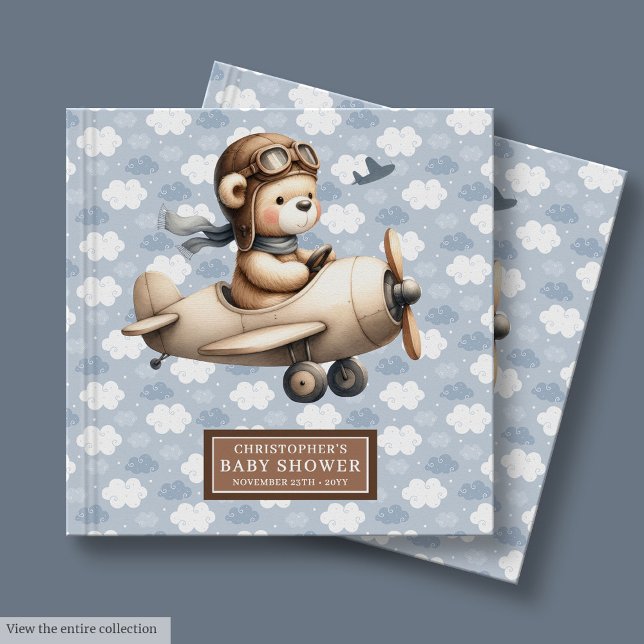D'or Boy Baby shower Livre d'invité Teddy Bear Pilot Th (Boy Baby Shower Guest Book Teddy Bear Pilot Theme)