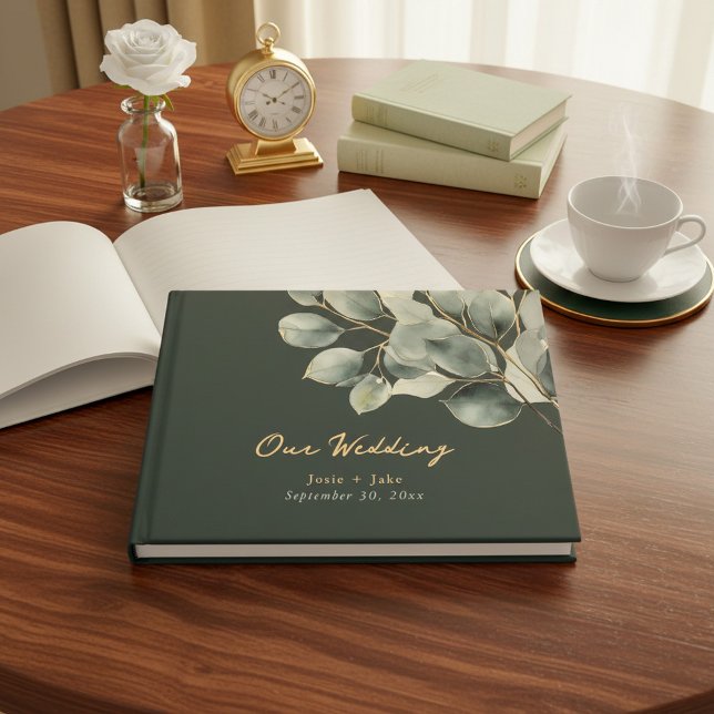D'or Branche Eucalyptus joli livre d'invité mariage (Eucalyptus branch pretty wedding guest book.)