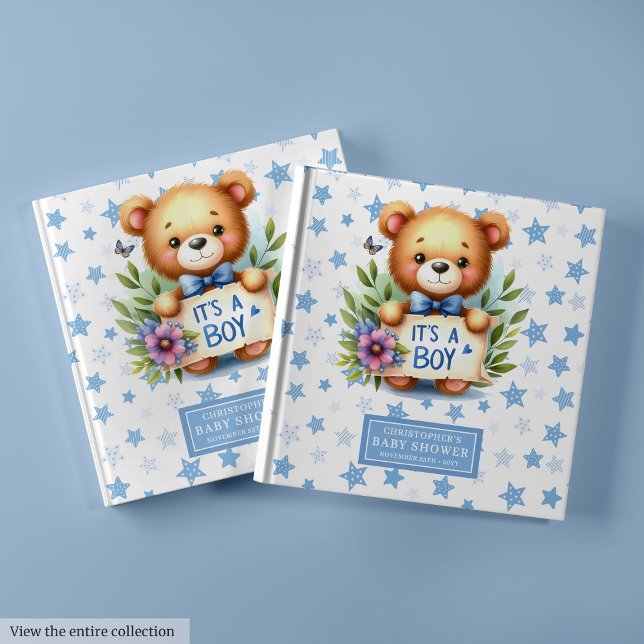 D'or C’est un livre d’hôtes de baby shower avec ours en (It’s a boy baby shower guest book with teddy bear)