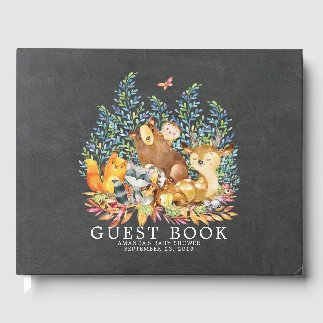 D'or Chalkboard Woodland Baby shower Livre d'invité (Recto)