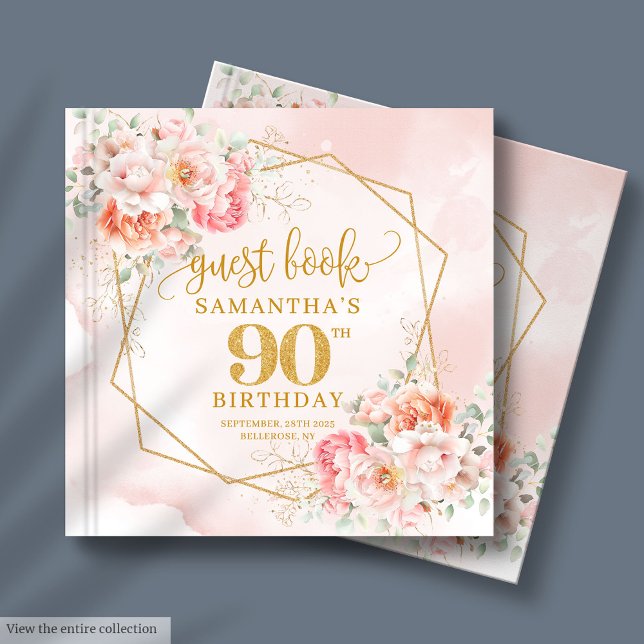 D'or Chic Pale Rose Gold Floral 90 Anniversaire Livre d (Chic Pale Pink Gold Floral 90 Birthday Guest Book)