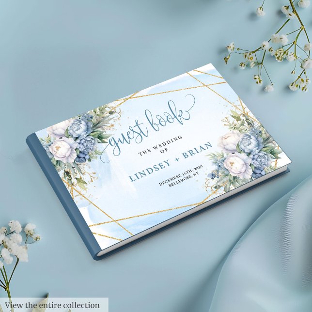 D'or Classic Blue Flowers White Gold Mariage livre d'hô (Classic Blue Flowers White Gold Wedding Guest Book

)