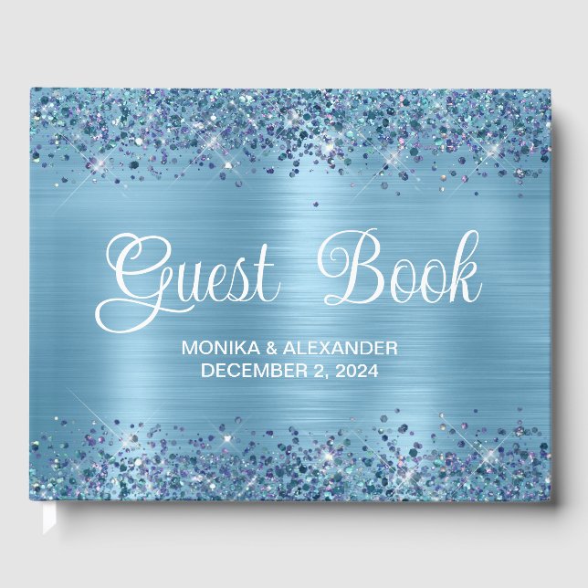 D'or Classic Glittery Baby Blue Foil Mariage livre d'hô (Recto)