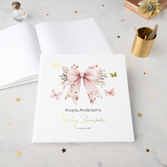 D'or Coquette rose floral Bow Baby shower livre d'invit (Recto ouvert)