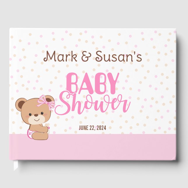 D'or Cute Baby Bear Baby shower Livre d'invité - Girl (Recto)