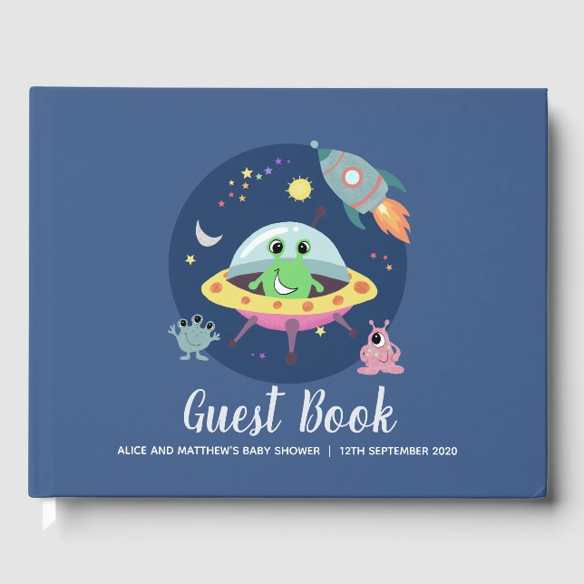 D'or Cute Boys Space Alien Blue Baby shower livre d'hôt (Recto)