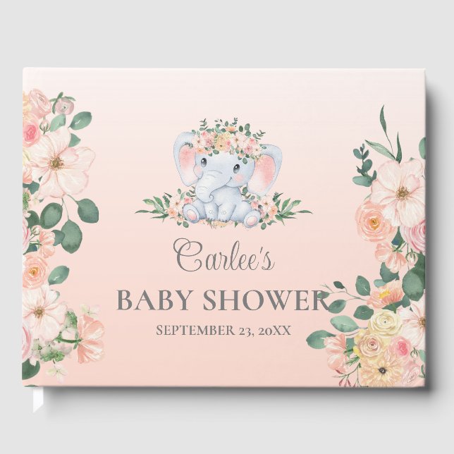 D'or Cute Elephant Floral Girl Baby shower Livre d'invi (Recto)