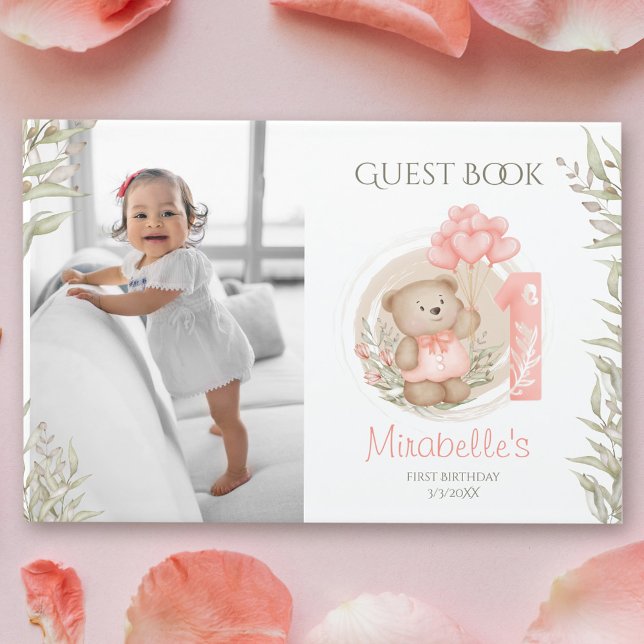 D'or Cute Teddy Bear 1er Anniversaire Photo Livre d'inv (Cute Teddy Bear 1st Birthday Photo Guest Book)