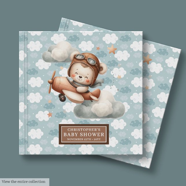 D'or Cute Teddy Bear Pilote Baby shower Livre d'invité  (Cute Teddy Bear Pilot Baby Shower Guest Book Blue)