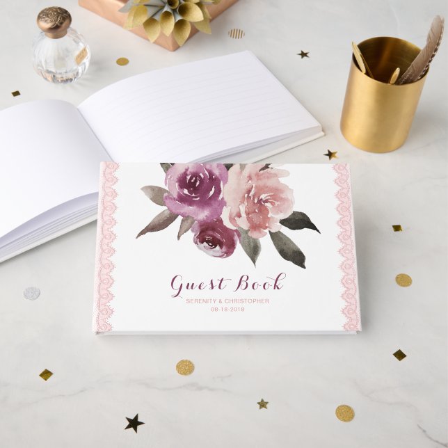 D'or Dentelle florale rustique aquarelle livre d'hôtes  (Recto ouvert)