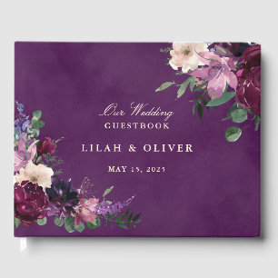 D'or Eggplant Purple Floral Mariage Livre d'invité