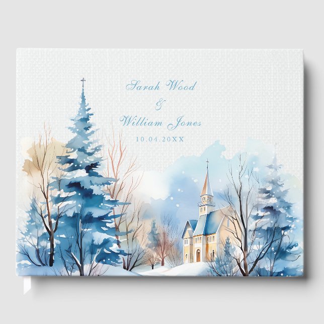 D'or Église romantique enneigée Mariage Livre d'invité (Recto)