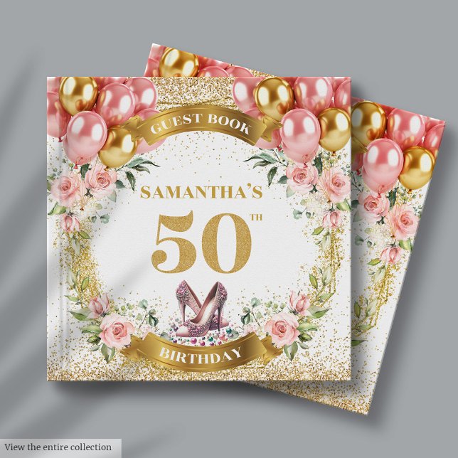 D'or Élégant 50e anniversaire Livre d'hôtes Boho Fleurs (Elegant 50th Birthday Guest Book Boho Flowers Glitter)