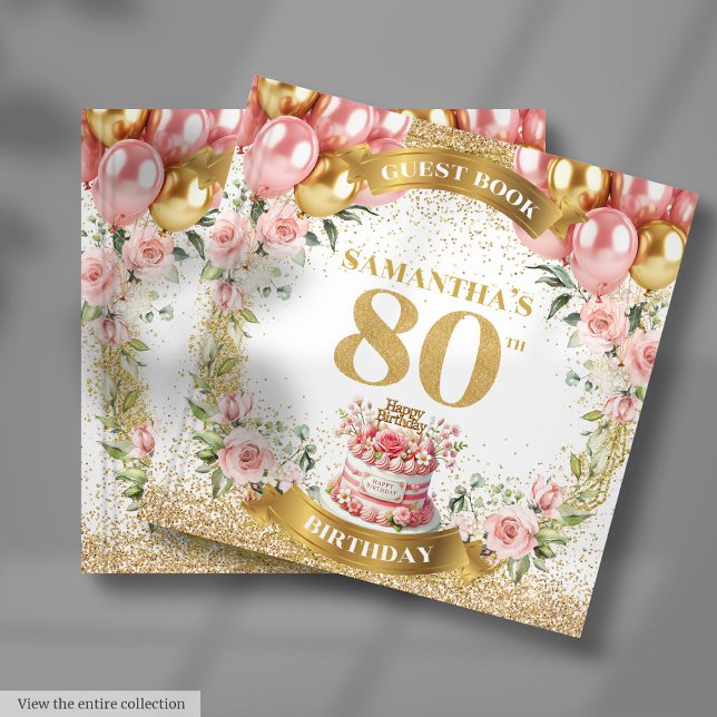 D'or Elégant 80e anniversaire Livre d'hôtes Boho Blush  (Elegant 80th Birthday Guest Book Boho Blush Floral)