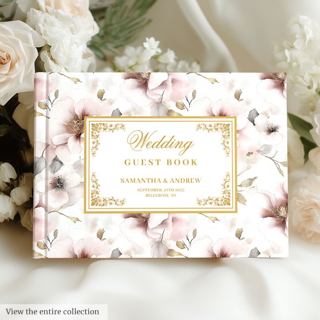 D'or Elégant Aquarelle Blush Flower Mariage Livre d'inv (Elegant watercolor blush gold wedding guest book)