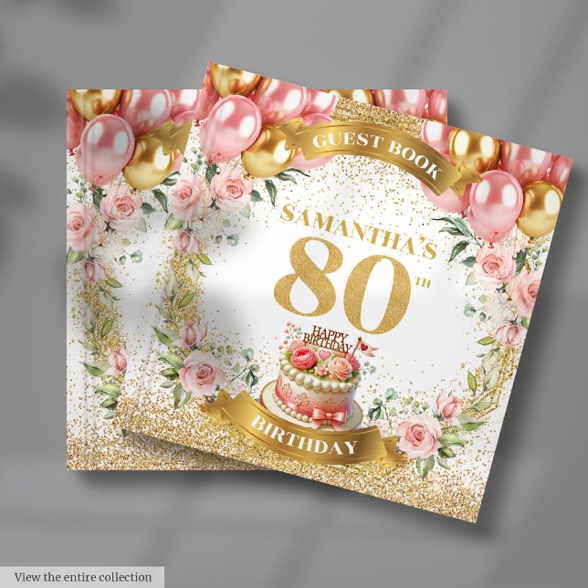 D'or Elégant Balloons Roses 80e Anniversaire Livre d'In (Elegant Pink Balloons 80th Birthday Guest Book)