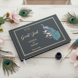 D'or Elégant Black Peacock Photo Mariage Livre d'invité