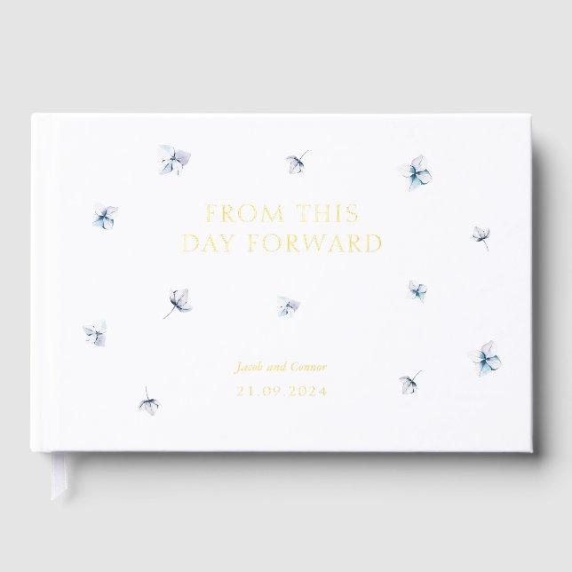 D'or Elégant Blue Hydrangea Mariage livre d'hôtes (Recto)