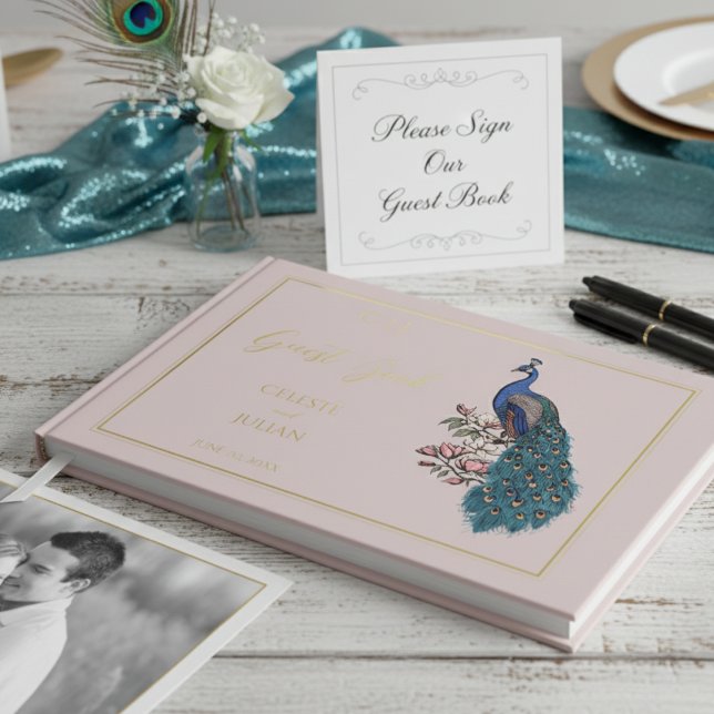 D'or Elegant Blush Peacock Photo Mariage Livre d'invité (Elegant Modern Pink Floral Peacock Wedding Guest Books. Bird, Ornate Teal Feathers, Chic Gold Foil)