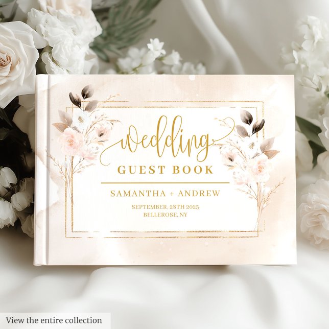 D'or Élégant Blush Rose or Floral Mariage Livre d'hôtes (Elegant Blush Pink Gold Floral Wedding Guest Book)