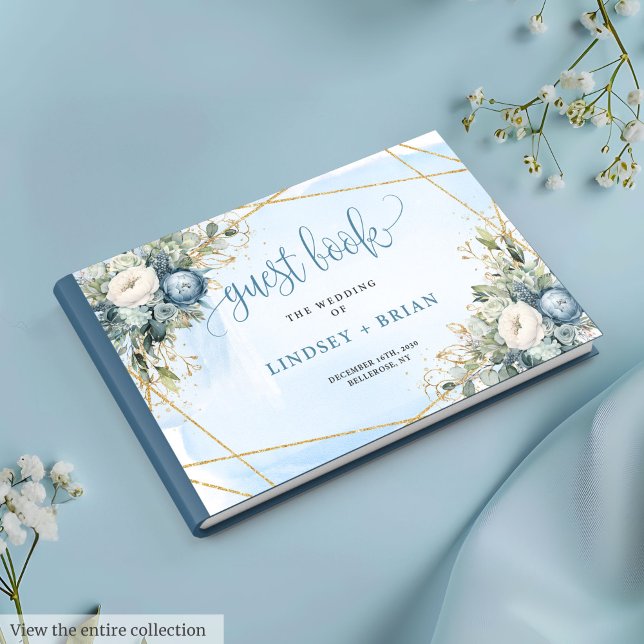 D'or Elégant Dusty Blue Peonies Gold Mariage livre d'hô (Elegant Dusty Blue White Gold Floral Guest Book)