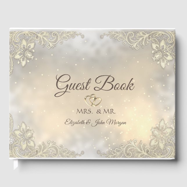 D'or Elégant Gold Hearts Dentelle Mariage livre d'hôtes (Recto)